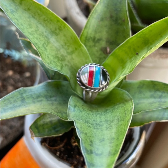 Vintage Sample Onyx Turquoise Coral and Abalone Sterling Ring Size 5 - Picture 7 of 7